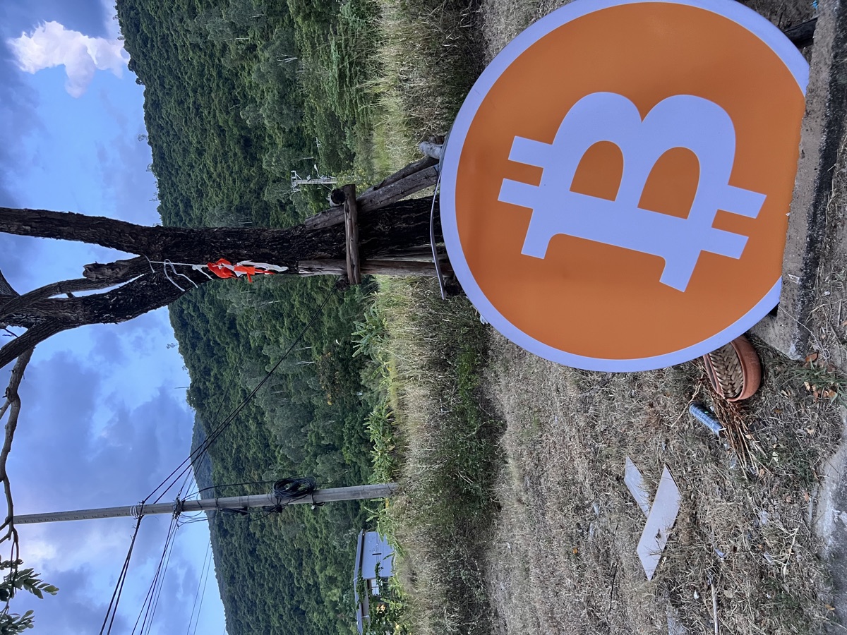 The large orange Bitcoin disc sign